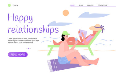 Happy relationship web banner template with couple spending summer vacation together, flat vector illustration. Landing page layout to reinforce pair bond.