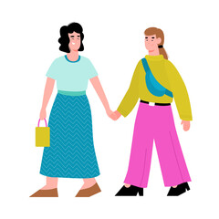 Young women lesbian couple or LGBT activists cartoon characters walking holding hands, flat vector illustration isolated on white background. LGBT community pride day.