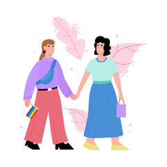 Two women lesbian couple or LGBT activist characters holding rainbow flag, flat vector illustration isolated on white background. LGBT community and movement.