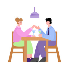 Couple having romantic dinner and talking, flat cartoon vector illustration isolated on white background. Couple joint recreation and bonding of relationships.