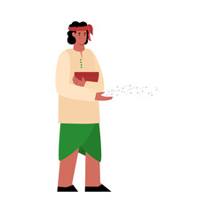 Character of an indian farmer throwing seeds. Traditional agriculture in India. Flat cartoon vector illustration isolated on a white background.