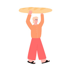 Tiny man carrying huge bread for food donation, flat cartoon vector illustration isolated on white background. Charity, volunteering and food sharing event.