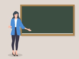 Teacher woman stands without a pointer in her hand at the blackboard. Back to school, favorite work concept. Teachers day, education, studying, lesson. Vector flat illustration.