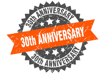 30th anniversary stamp. grunge round sign with ribbon