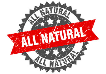 all natural stamp. grunge round sign with ribbon