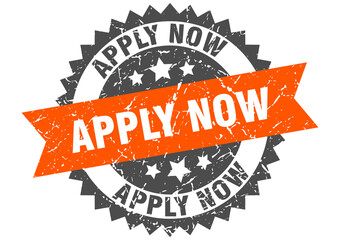 apply now stamp. grunge round sign with ribbon