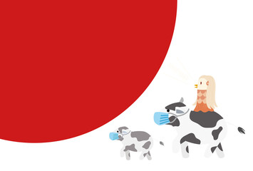 マスクをした親子の牛と背中に乗っているアマビエの年賀状