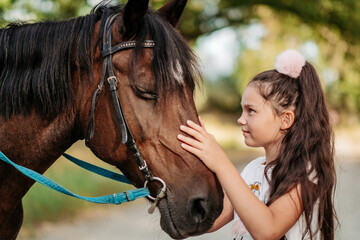 Friendship of a child with a horse. A little girl is affectionately stroking her horse. Walking girls with a horse in the park in autumn.