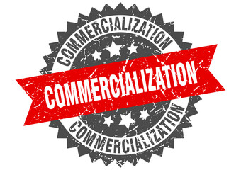 commercialization stamp. grunge round sign with ribbon