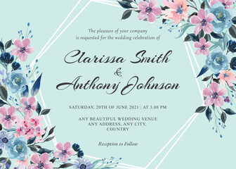  Elegant Floral Watercolor Wedding Invitation with Pink and Blue Flower Winter Vibes