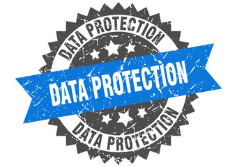 data protection stamp. grunge round sign with ribbon