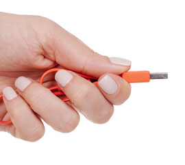 Hand with USB cable, connection wire. Isolated on white background.