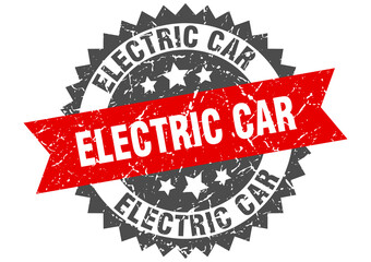 electric car stamp. grunge round sign with ribbon