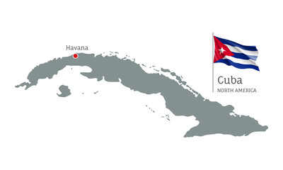 Fototapeta premium Silhouette of Cuba country map. Gray editable map of Cuba with waving national flag and Havana city capital, North America country territory borders vector illustration on white background