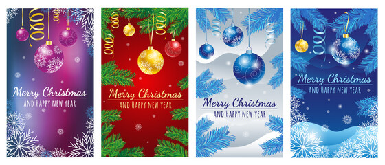 Fototapeta na wymiar Fabulous Christmas illustrations with snowflakes, fir branches and houses. A set of vertical Christmas banners.