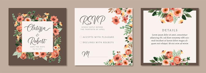  Wedding Invitation with Warm Brown Vintage Floral Watercolor