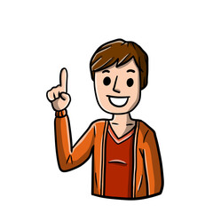 Man points up. Finger and hand gesture. Young smiling guy. Hand-drawn illustration. Happy emotion.