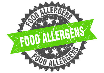 food allergens stamp. grunge round sign with ribbon