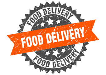 food delivery stamp. grunge round sign with ribbon