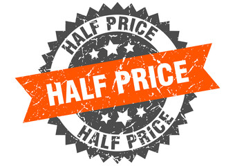 half price stamp. grunge round sign with ribbon