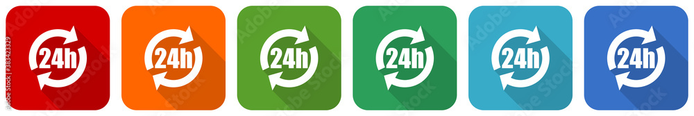 Poster 24h icon set, flat design vector illustration in 6 colors options for webdesign and mobile applications