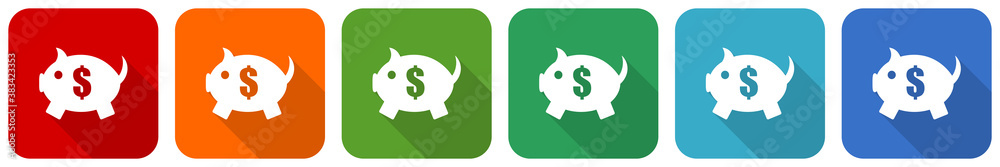 Aufkleber Piggy bank icon set, flat design vector illustration in 6 colors options for webdesign and mobile applications