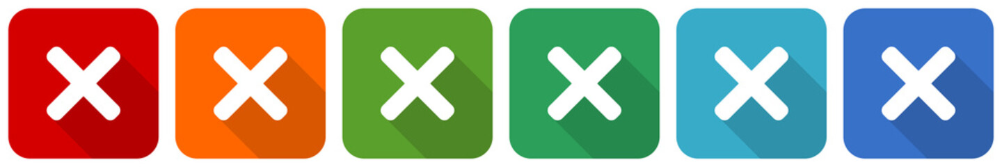 Obraz premium Cancel, cross icon set, flat design vector illustration in 6 colors options for webdesign and mobile applications