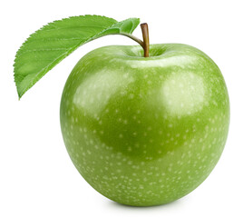 One ripe green apple with green leaf clipping path