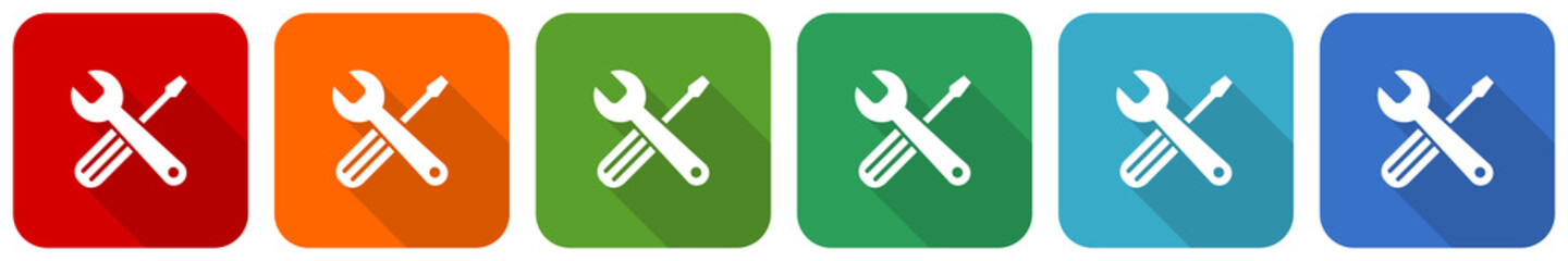 Tools icon set, flat design vector illustration in 6 colors options for webdesign and mobile applications
