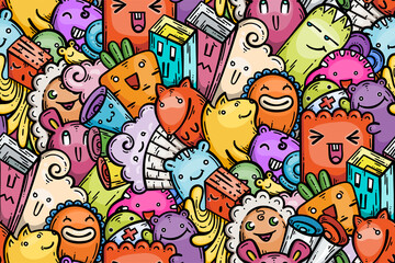Kawaii doodle smiling monsters seamless pattern for child prints, designs and coloring books