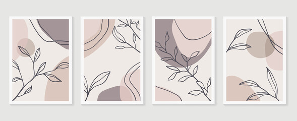 Botanical wall art vector set. Earth tone boho foliage line art drawing with  abstract shape.  Abstract Plant Art design for print, cover, wallpaper, Minimal and  natural wall art.