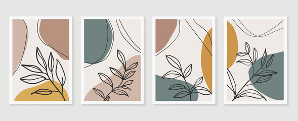 Obraz na płótnie Canvas Botanical wall art vector set. Earth tone boho foliage line art drawing with abstract shape. Abstract Plant Art design for print, cover, wallpaper, Minimal and natural wall art.