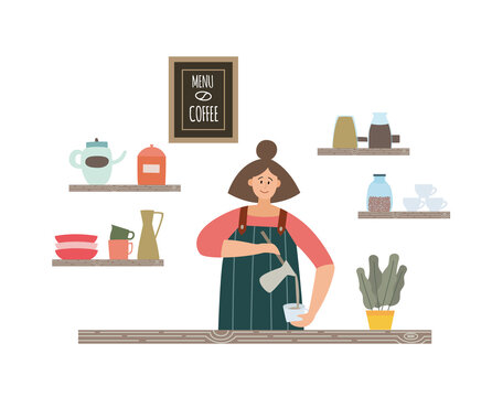 Flat isolated vector illustration of girl barista making coffee in coffee shop