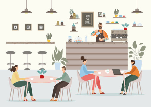 Coffeeshop with barista and customers drinking coffee flat vector illustration.