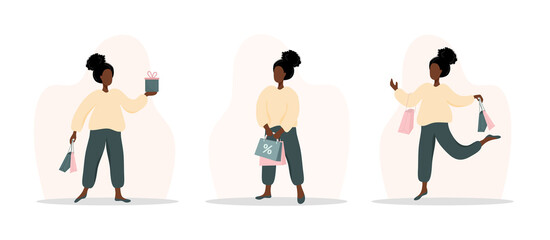 Woman shopping. Happy african girl carrying bags and gifts. Vector cartoon illustration isolated on white background. Promotion and sale template.