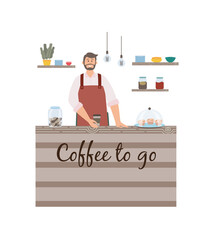Flat isolated vector illustration of male baristas making coffee in coffee shop
