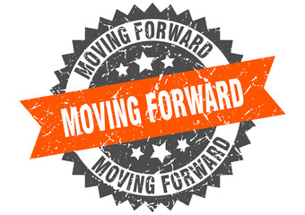 moving forward stamp. grunge round sign with ribbon