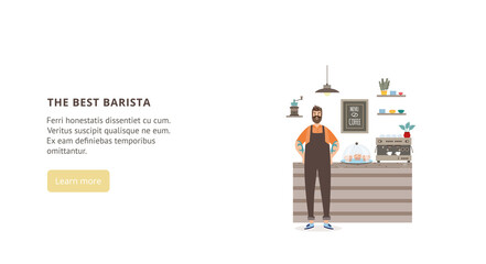The best barista - website banner with cartoon man at cafe