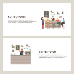 Two banner with barista making coffee at counter a flat vector illustrations