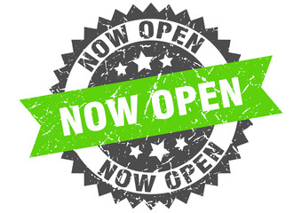 now open stamp. grunge round sign with ribbon