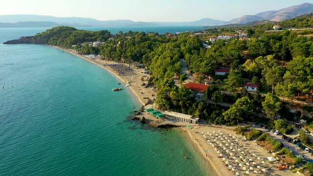 Makris Gialos beach at Argostoli of Kefalonia island in Greece. Spectacular view over beach of Makris Gialos near Lassi, Argostoli. Makris Gialos beach with soft sand and turquoise water in Lassi.