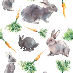 Fototapeta na wymiar Watercolor rabbits and carrots seamless pattern. Farm repeating texture