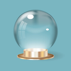 Realistic 3D Christmas glass ball. Isolated on light blue background. Christmas glass snow globe. Snowball on gold stand. Christmas snow globe. Vector illustration.