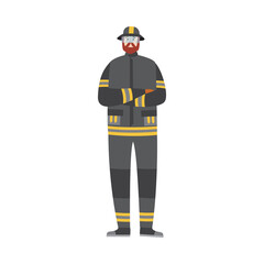 Firefighter wearing uniform standing, flat cartoon vector illustration isolated