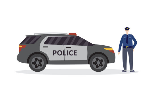 Flat vector isolated illustration of policeman officer near the police car.