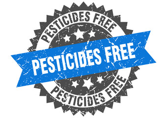 pesticides free stamp. grunge round sign with ribbon