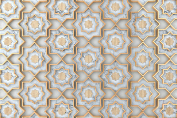 3D Rendering. Wall white panels with gold decor. Shaded geometric modules. High quality seamless.