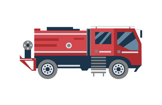 Cartoon fire engine truck from side view, isolated red firetruck