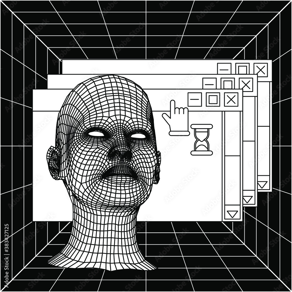 Poster low poly 3d head, human face structure made of grid. biometrics, facial recognition and cyber securi