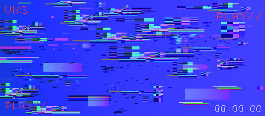 Abstract technology background with datamoshing camera effect. Retro VHS screen like in old video tape rewind Vaporwave and retrowave style vector illustration.